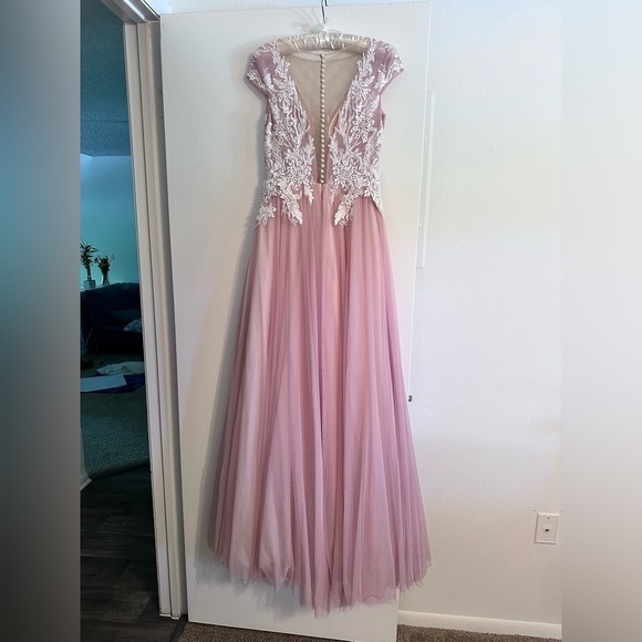 Wedding/prom/evening/gala dress gown lace white pink puff skirt A-line cap sleev - Picture 8 of 12